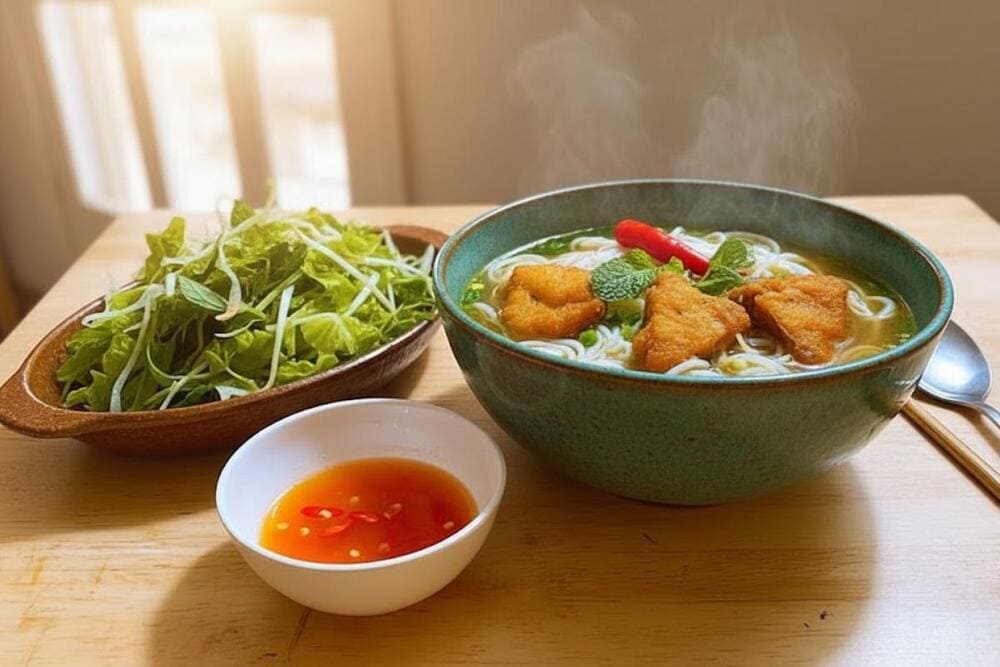 Bún cá cay với hương vị đậm đà, nước dùng ngọt thanh.